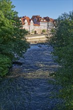 Fulda lock canal and the half-timbered houses on the west side of the historic old town of