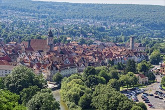 Top view of the old town of Hannoversch Münden with the Protestant Church of St. Blasius, in front