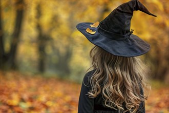 Back view of young girl wearing Halloween witch costume in autumn forest. Generative Ai, AI