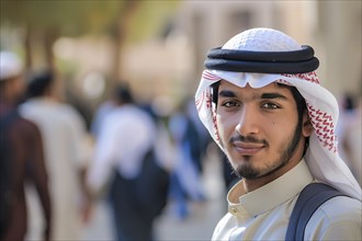 Portrait of young Muslim man with traditional keffiyeh headscarf on university campus. Generative