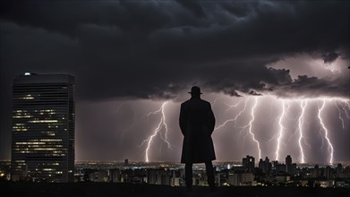 Apocalyptic hurricane scene with lighting and a human silhouette in front of city skyline, AI