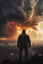 Apocalyptic hurricane scene with lighting and a human silhouette in front of city skyline, AI