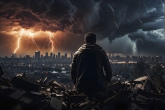 Apocalyptic hurricane scene with lighting and a human silhouette in front of city skyline, AI