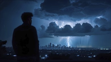 Apocalyptic hurricane scene with lighting and a human silhouette in front of city skyline, AI