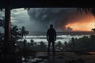 Apocalyptic hurricane scene with human silhouette at destroyed beach resort, AI generated