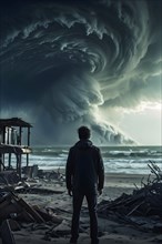 Apocalyptic hurricane scene with human silhouette at destroyed beach resort, AI generated