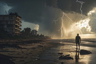 Apocalyptic hurricane scene with human silhouette at destroyed beach resort, AI generated