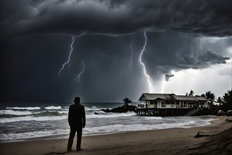 Apocalyptic hurricane scene with human silhouette at destroyed beach resort, AI generated