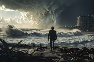 Apocalyptic hurricane scene with human silhouette at destroyed beach resort, AI generated