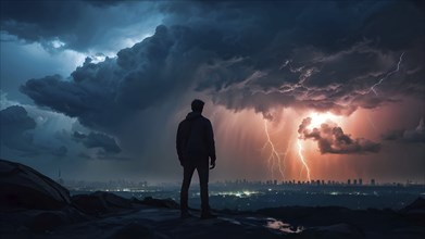 Apocalyptic hurricane scene with human silhouette in front of city skyline, AI generated