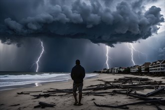 Apocalyptic hurricane scene with human silhouette at destroyed beach resort, AI generated