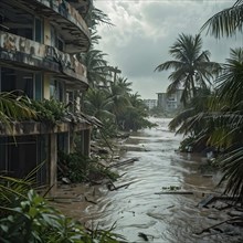 Apocalyptic hurricane scene with flood and destroyed city, AI generated