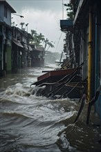 Apocalyptic hurricane scene with flood and destroyed city, AI generated