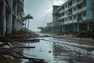 Apocalyptic hurricane scene with flood and destroyed city, AI generated