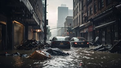 Apocalyptic hurricane scene with flood and destroyed city, AI generated