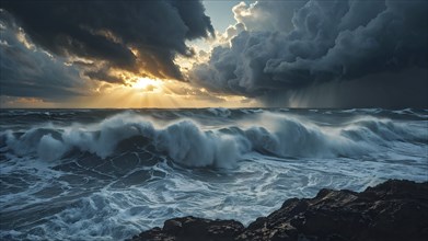 Apocalyptic hurricane scene over the stormy ocean, AI generated