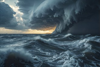 Apocalyptic hurricane scene over the stormy ocean, AI generated