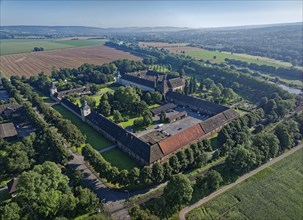 Aerial view of Corvey Castle, also Corvey Monastery, UNESCO World Heritage Site, in the