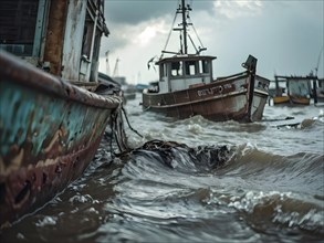 Apocalyptic hurricane scene at a destroyed harbor, AI generated