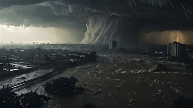 Aerial view of apocalyptic hurricane scene at a destroyed city, AI generated