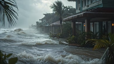 Apocalyptic hurricane scene at a destroyed beach resort, AI generated