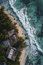 Aerial view of apocalyptic hurricane scene at a destroyed beach resort, AI generated