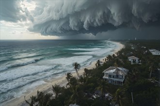 Aerial view of apocalyptic hurricane scene at a destroyed beach resort, AI generated