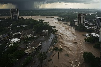 Aerial view of apocalyptic hurricane scene at a destroyed beach resort, AI generated