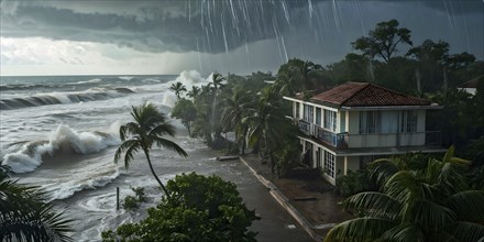 Aerial view of apocalyptic hurricane scene at a destroyed beach resort, AI generated