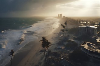 Aerial view of apocalyptic hurricane scene at a destroyed beach resort, AI generated