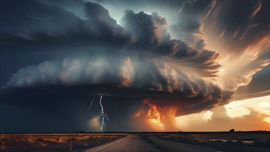 Apocalyptic hurricane scene with thunder lightning, AI generated