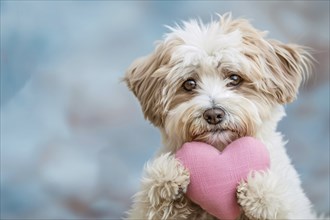 Cute white dog holding pink plush heart in paws. Generative Ai, AI generated