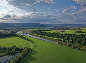 The Upper Weser flows through the southern Weserbergland between Beverungen and Höxter. Aerial