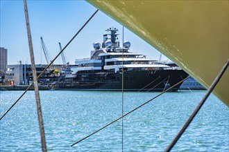 Close-up of the bow of a luxury yacht in the harbour of Tarragona, Spain, Europe