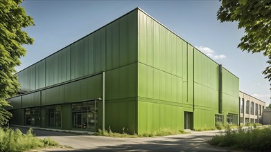 Green cardboard factory symbolizing green washing concept, AI generated