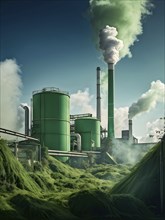 Green cardboard factory symbolizing green washing concept, AI generated