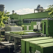 Green cardboard factory symbolizing green washing concept, AI generated