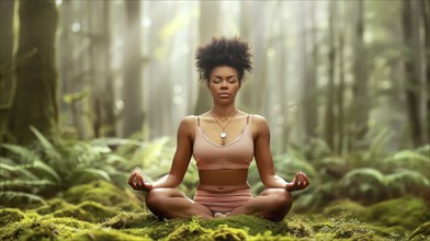 A woman meditating peacefully in a sunlit forest, among lush greenery, AI generated