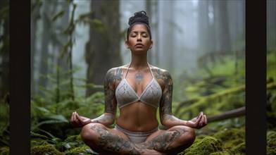 A tattooed woman meditating in a foggy forest, surrounded by nature, AI generated