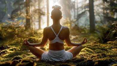 A woman is meditating in a tranquil forest under gentle sunlight, embodying serenity and calm in