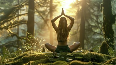 A woman meditating at sunset in a forest, with golden light filtering through the trees, AI