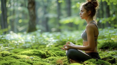 A woman calmly meditating on a mossy ground in a forest, AI generated