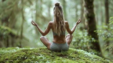 A woman meditating in the forest, sitting on a moss-covered ground, surrounded by greenery, AI