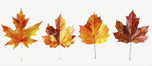 Four golden to reddish maple leaves showcasing diverse autumn colors placed in a row, AI generated