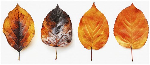 Four autumn leaves showcasing various stages of coloration from yellow to brown arranged in a row,