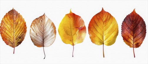 Five varied fall leaves in shades of orange, yellow, and red displayed in a row against a white