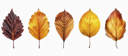 Five leaves of different shapes and autumn colors, from yellow to brown, lined up on a white