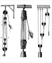 Pulley block, various models, illustration from 1880, historical, digital reproduction of an