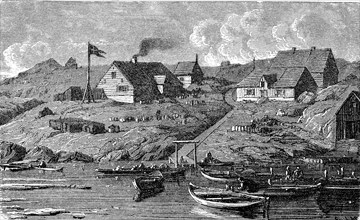 The settlement of Jakobshavn on the west coast of Greenland, in 1882, Historical, digital