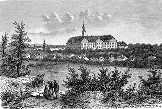 Hubertusburg Castle in Wermsdorf, Saxony, Germany, in 1880, Historical, digital reproduction of an